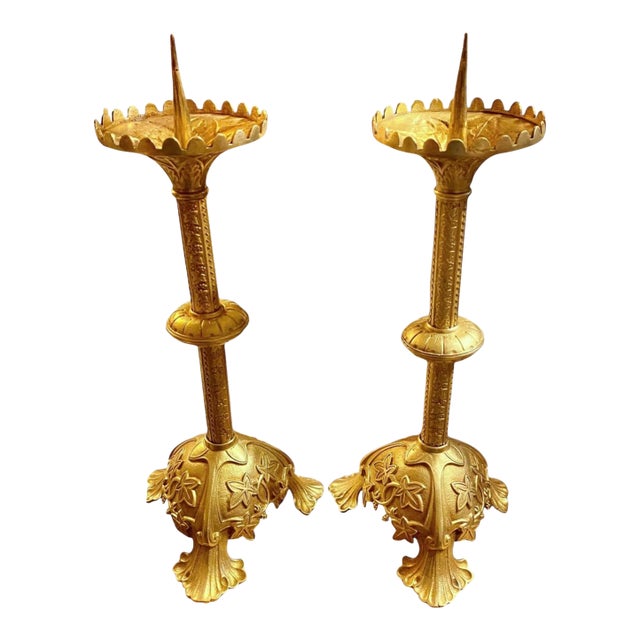 Pr. Antique French Art Nouveau Gilt Brass Alter Candlesticks For Sale