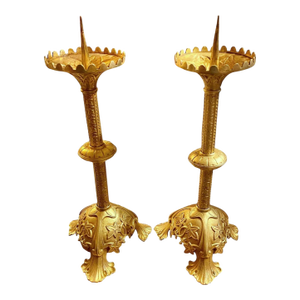 Pr. Antique French Art Nouveau Gilt Brass Alter Candlesticks