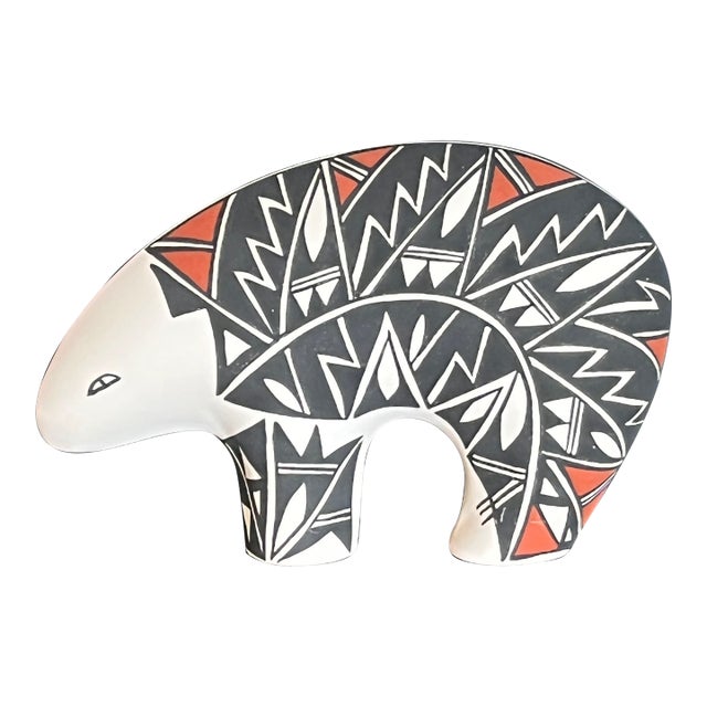 Large 12" Acoma Pueblo Pottery Bear – Signed Concho Nm – Hand-Painted Geometric For Sale