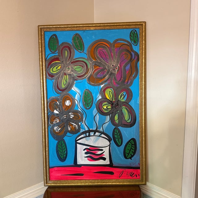 Abstract 1970s Peter Keil Flowers Abstract Painting ~ Framed For Sale - Image 3 of 11