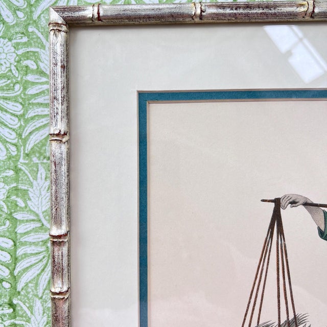 Beautiful pair of Chinoiserie colored engravings in bamboo frames // matted and framed Asian art // silvered / gilt frames // chinoiserie For Sale In Kansas City - Image 6 of 10