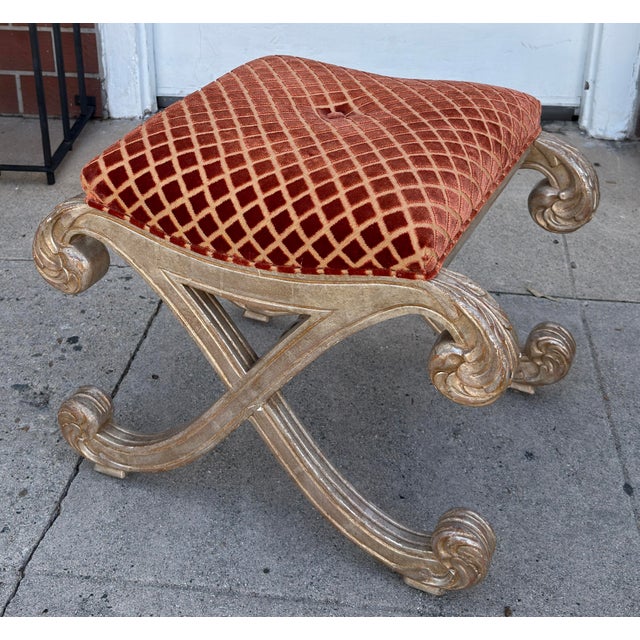 Nancy Corzine Nancy Corzine Saber Leg Giltwood X Bench W Red Silk Cut Velvet Fabric For Sale - Image 4 of 8