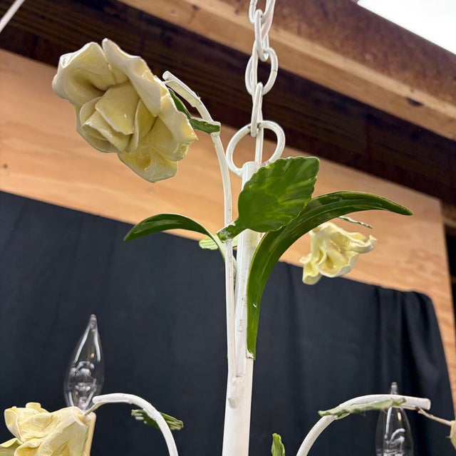 White Vintage Italian Style Painted Tole Floral 6-Arm Chandelier With Yellow Roses For Sale - Image 8 of 13