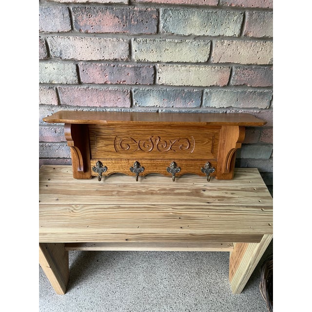 Vintage French Tiger Oak 27" Wall Shelf Coat and Hat Rack For Sale - Image 16 of 17