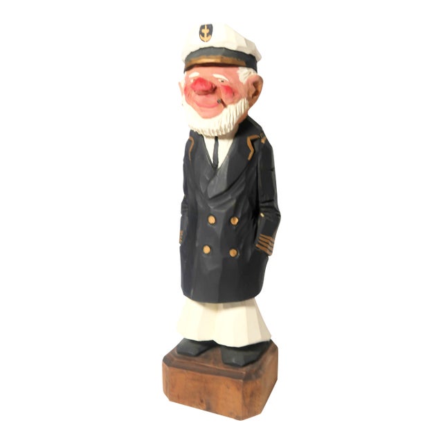 Al Davidson Mid 20th Century Original Signed Hand-Carved Hand-Painted Wood Sculpture "The Captain" - For Sale