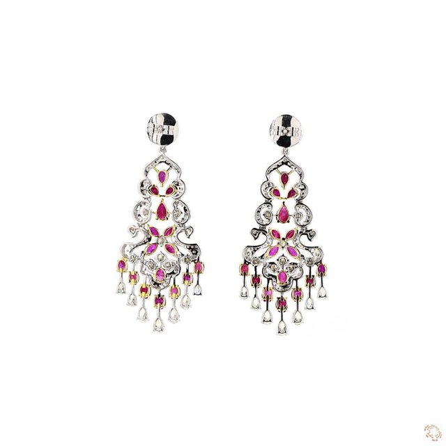 3.49 Carat Round Brilliant Cut White Diamond Blue Diamond Ruby Gold Earrings, Pair For Sale In New York - Image 6 of 9