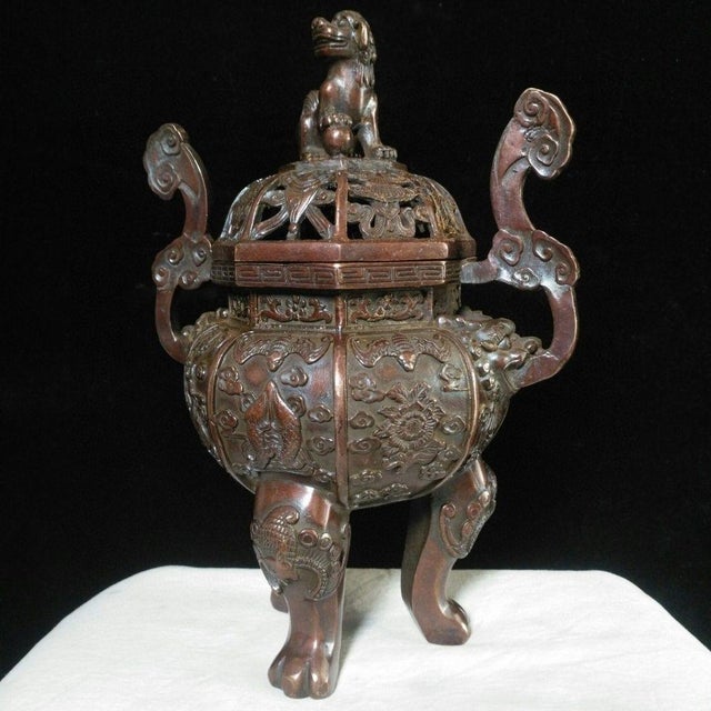 Vintage Bronze Incense Burner – 9.8" Gilt Censer With Lion Finial & Octagonal Lid For Sale - Image 4 of 9
