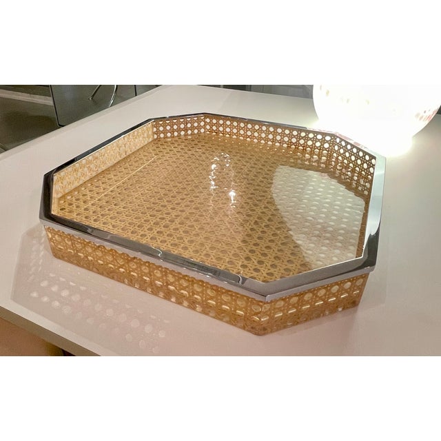 Metal Octagonal Acrylic Glass Tray with Viennese Cane Weave, Italy, 1970s For Sale - Image 7 of 7
