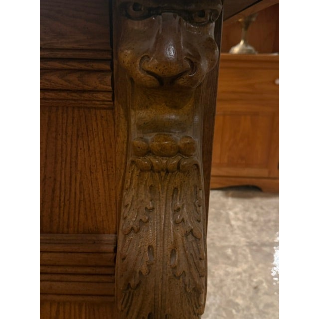 1980s Pulaski Oak Bar With Brass Top and Foot Rail, Griffin Carvings, Plus Custom Inset Oak Doors, Attributed For Sale - Image 5 of 12