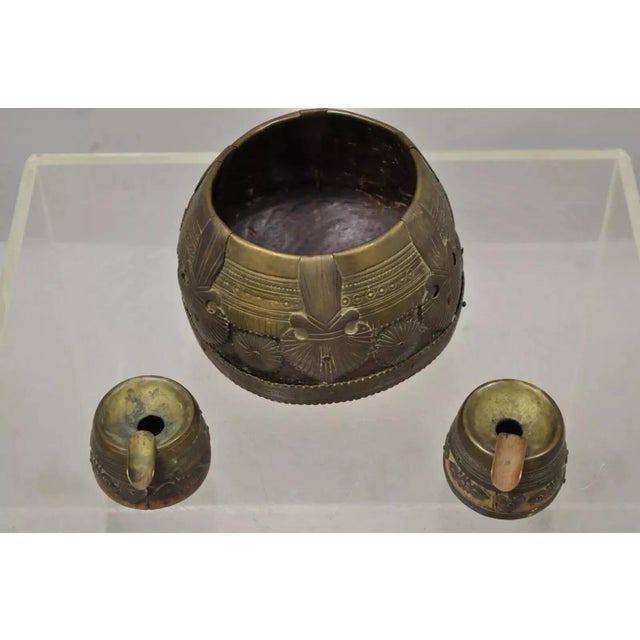 19th C. Antique Indian Brass and Wood Smoking Tobacco Jar Box Ashtray Set - 3 Pc. Item features (2) individual...