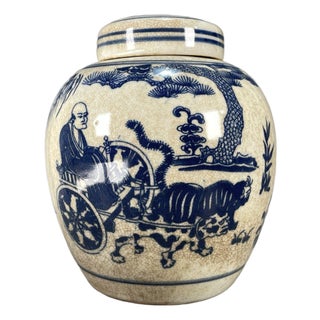 Chinoiserie Blue‑and‑White Crackle‑Glaze Lidded Ginger Jar, Figure Story Motif Porcelain Storage Canister **** For Sale