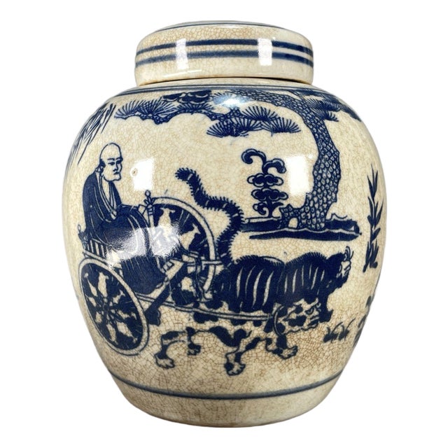 Chinoiserie Blue‑and‑White Crackle‑Glaze Lidded Ginger Jar, Figure Story Motif Porcelain Storage Canister **** For Sale