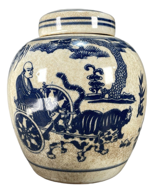 Chinoiserie Blue‑and‑White Crackle‑Glaze Lidded Ginger Jar, Figure Story Motif Porcelain Storage Canister ****