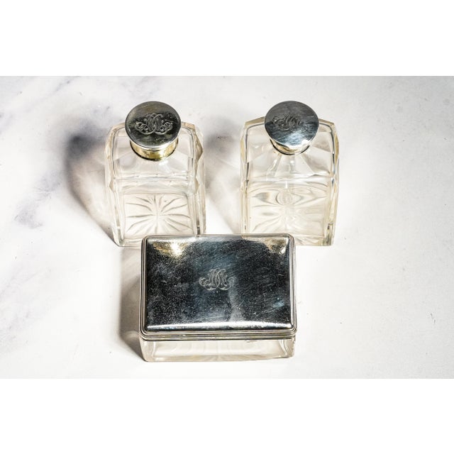 Brass Stately Victorian Antique Ebonized Wood & Brass Boulle Inlaid Lady’s Dressing Box With Sterling Silver Crystal Bottles Home Decor For Sale - Image 8 of 18