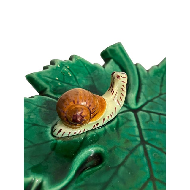 Mid 20th Century Vintage Green Majolica Leaf Plate With Snail Motif, French Country Style For Sale - Image 5 of 8