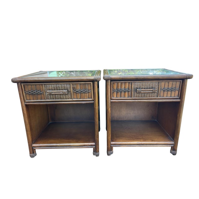 Vintage Coastal Rattan & Carved Wood Nightstands With Glass Tops – Pair For Sale - Image 4 of 11
