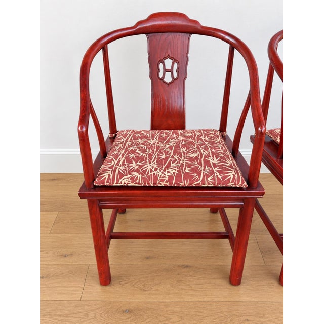 Vintage Chinese Horseshoe Back Arm Chairs With Palm Pattern Seat Cushions. Set of 4. For Sale In New York - Image 6 of 8