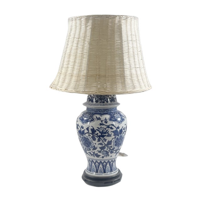 Chinese Blue and White Porcelain Covered Ginger Jar Mounted as a Table Lamp, the vessel hand-painted with scrolling floral...