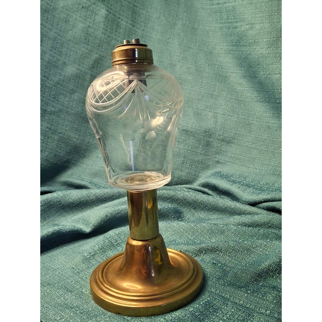 Rare 1840s Whale Oil Lamp Etched Glass Font Original Double Burner Iron Base For Sale In Boston - Image 6 of 18