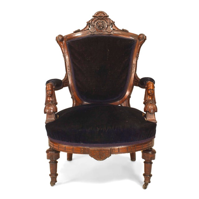 Victorian Eastlake Blue Velvet Arm Chair | Chairish