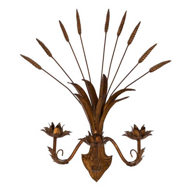 Italian Gilt Metal Wheat Sheaf Candle Wall Sconce, 1950s For Sale