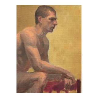 Vintage Realist Figurative Study of Seated Man, Oil on Canvas Paper (Framed) For Sale