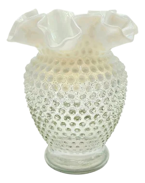 Vintage 1940s Fenton French Opalescent Hobnail Vase With Double Ruffle Rim