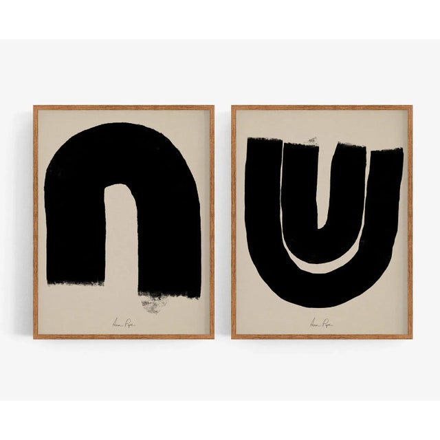 Set of 2 abstract open edition giclee prints. 20"x28" Elegant black line geometrical forms drawing on beige background....