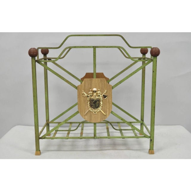 Vintage Italian Neoclassical Green Wrought Iron Book Magazine Rack W/ Shield For Sale - Image 13 of 15