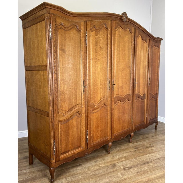 Vintage Louis XVI French Oak Five Door Carved Armoire For Sale - Image 3 of 14