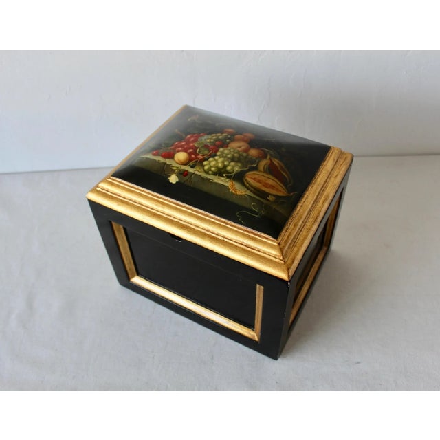 Vintage Lacquered Wood Gold Finish Lidded Box Fruit Still Life Decal Detail, well crafted, in good vintage condition