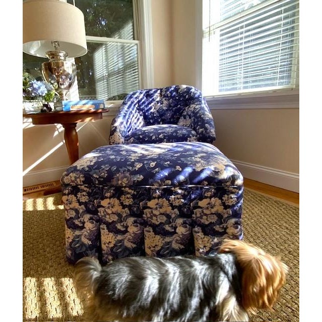 1990s Custom Floral Tufted Chair & Ottoman in Blue and Ivory Ralph Lauren, Set of 2 For Sale - Image 5 of 12