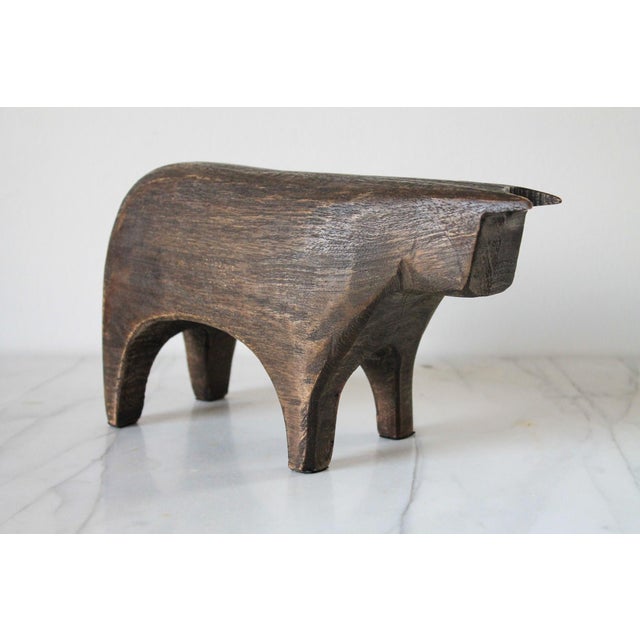 Crate & Barrel Hand Carved Crate and Barrel Brown Wood Bull Figurine Sculpture For Sale - Image 4 of 13