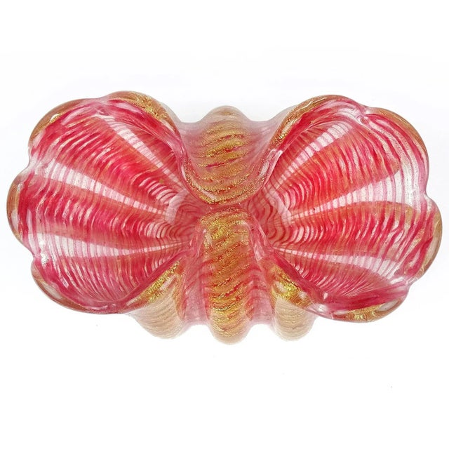 Barovier Toso Murano Vintage Pink Gold Flecks Italian Art Glass Midcentury Double Flower Vase For Sale In Orlando - Image 6 of 7