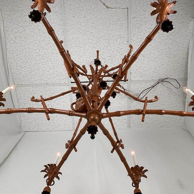 1960s Whimsical Chinoiserie Faux Bamboo Monkey Chandelier With Black Teardrop Accents For Sale In West Palm - Image 6 of 16