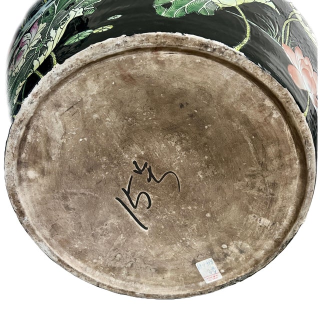 Huge Chinese Famille Noire Black Porcelain Jardiniere, Mandarin Ducks, Birds & Lotus Pond Goldfish Bowl Planter, Signed, Hong Kong For Sale - Image 13 of 14