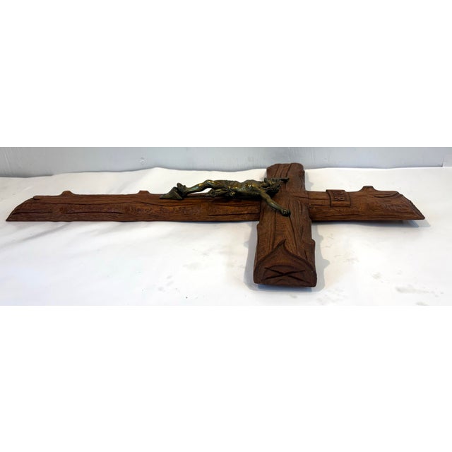 Wood Vintage Large Carved Wood and Brass Crucifix For Sale - Image 7 of 9