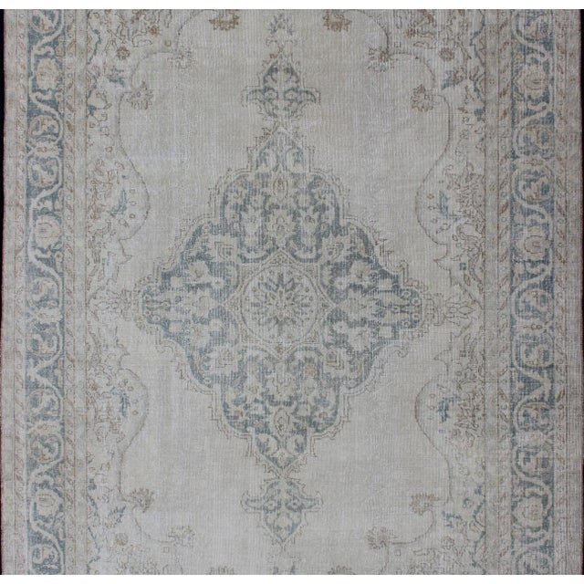 Medallion Distressed Oushak Turkey in Cream, Blue Tones, Brown and Teal Blue For Sale - Image 12 of 15