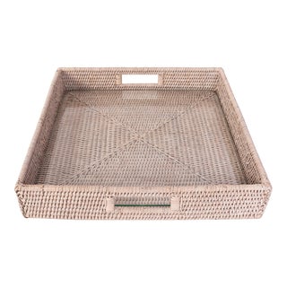 Artifacts Rattan Square Serving Ottoman Trays with Glass Insert in White, Smalls For Sale