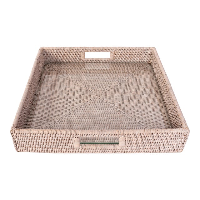 Artifacts Rattan Square Serving Ottoman Trays with Glass Insert in White, Smalls For Sale