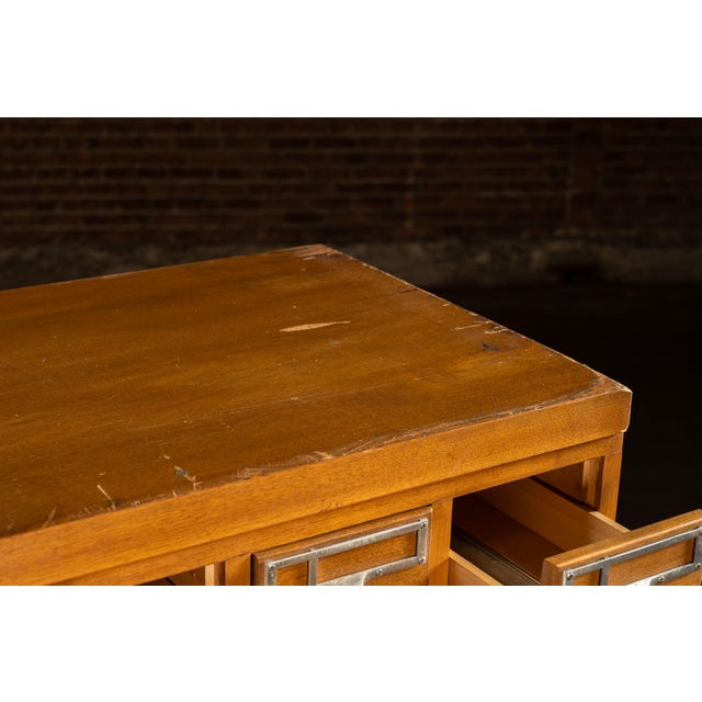 Brown Massive Vintage 72-Drawer Oak Library Card Catalog on Steel Base For Sale - Image 8 of 12