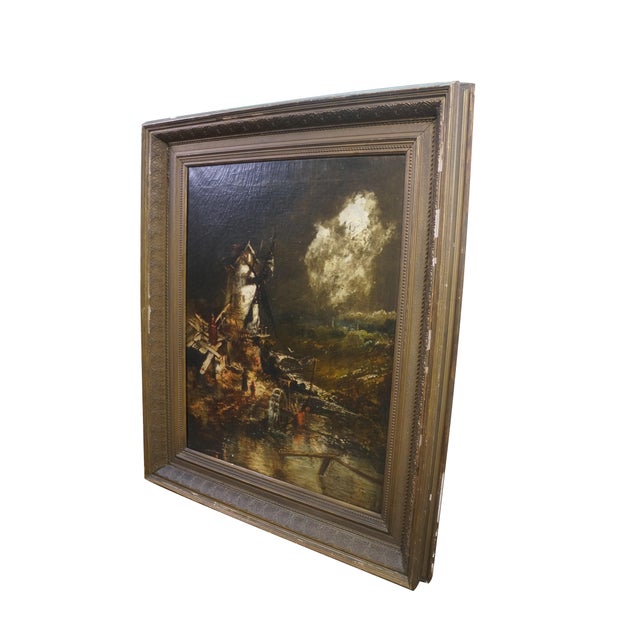 Victorian Antique 19th C. Barbizon Dutch School Oil Painting Windmill Moonlight Landscape For Sale - Image 3 of 12