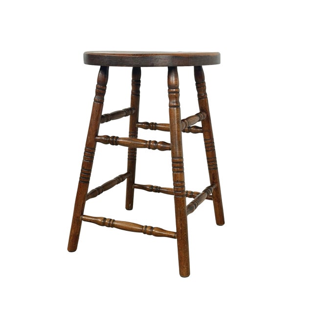 Antique Country Round Wooden Stool With Turned Legs and Stretchers For Sale - Image 15 of 18