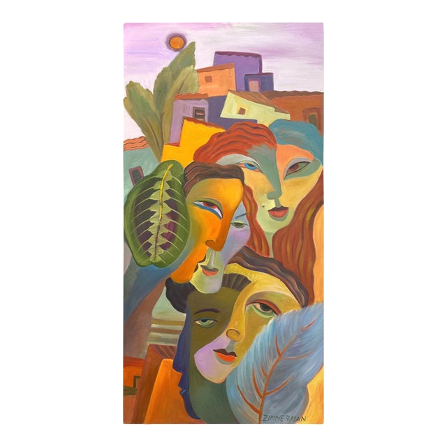 Marc Zimmerman "Falling Leaves" Oil Painting, Three Figures in Tropical Village, Vertical Format, Warm Palette, Contemporary Art West Coast For Sale