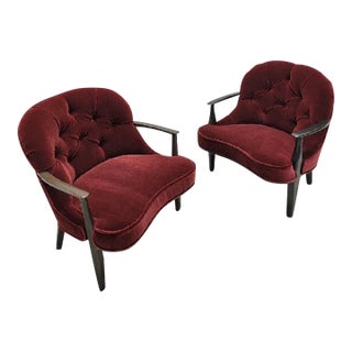 Mid Century Modern Edward Wormley Janus Style Tufted Lounge Chairs Newly Upholstered in Maroon Mohair - a Pair For Sale