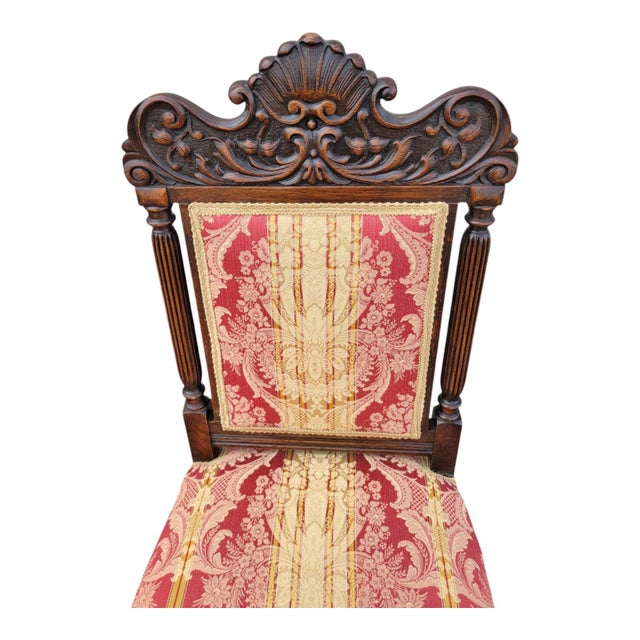 Pair 19th Century Victorian Oak Chairs Carved Back Red Gold Upholstery Dining Hall For Sale - Image 15 of 15