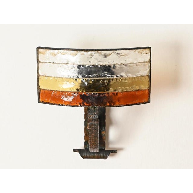 Brutalist Wrought Iron and Amber Glass Sconce attributed to Longobard, Italy, 1970s For Sale - Image 9 of 17