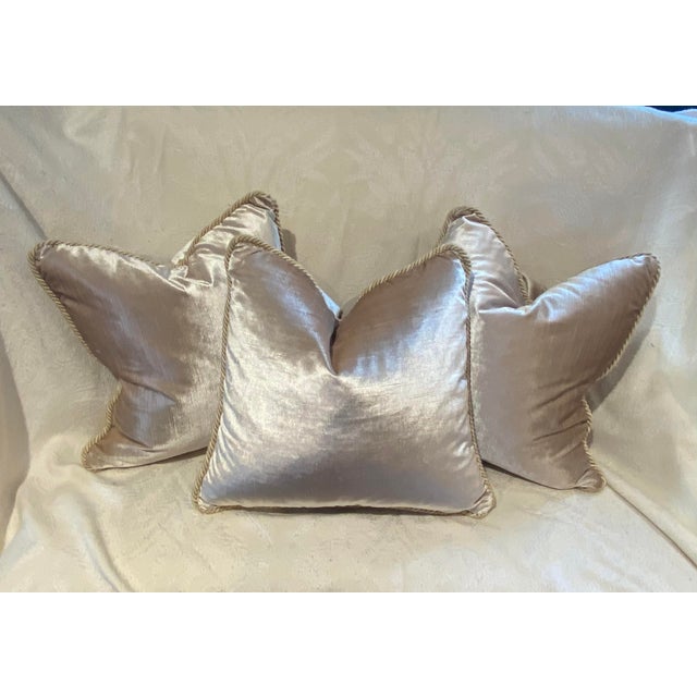 Beige Contemporary Cream Antiqued Solid Velvet Pillows With Rope Trim- Set of 3 For Sale - Image 8 of 9