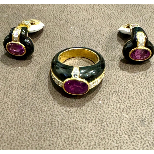 Purple 6Ct Natural PURPLE Sapphire , Black Onyx & Pave Diamond Ring & Earring Set 18KG For Sale - Image 8 of 18
