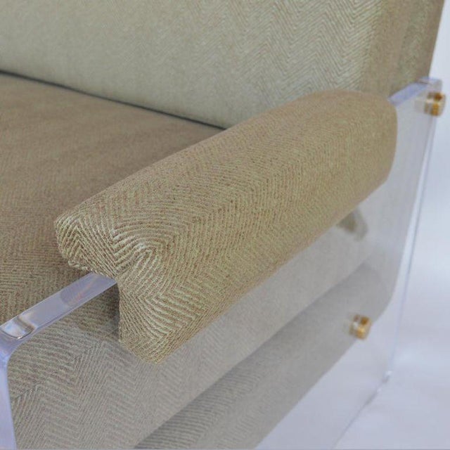 Pair of Lucite Armchairs With Brass Hardware and New Upholstery. u.s.a. 1980's For Sale - Image 4 of 6